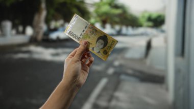 Güney Kore 'yi elinde tutan adam bir şehir caddesinde para ve finans özünü ele geçirerek açık hava ortamında banknot kazandı..