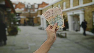 Bir şehir caddesinde elinde Romen lei banknotları tutan adam, Avrupa 'nın dış ortamında finansal temalar sergiliyor..