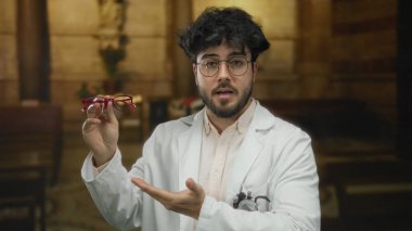 Beyaz önlüklü, sakallı, gözlüklü genç bir adam kilisenin içinde kırmızı gözlük tutuyor. Modern ve kutsal sembolizmi sakin bir ortam ortamında harmanlıyor..