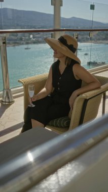 Şarap kadehi tutan ve gülümseyen, geniş şapka ve güneş gözlüğü takan bir kadın, deniz manzaralı bir yolcu terasında hasır sandalyede otururken; dinlenme tatili.