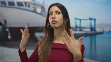 Güneşli bir sahil limanında rıhtımdaki teknelerin yanında bordo bir bluz giyerken uzun saç fırçalayan kadın; özgüven zarafeti.