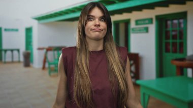 Şehir caddesinde duran bir kadın, kendine güvenen bir poz sergiliyor, uzun saçları akıyor, çevresini çevreleyen canlı yeşil şehir mimarisi modern tarzını ortaya koyuyor.