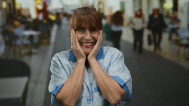 Üst düzey İspanyol kadın, daha temiz giyinmiş, hareketli bir şehir sokağında neşeyle gülümsüyor. Arka planda canlı bir şehir hayatı olan çalışmasında mutluluk ve gurur yansıtıyor..