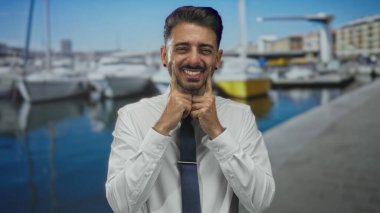 Beyaz gömlekli ve kravatlı adam mavi gökyüzü altında mavi su kenarında teknenin yanında gülümseyen dudaklara parmaklarını bastırır; mutluluk.