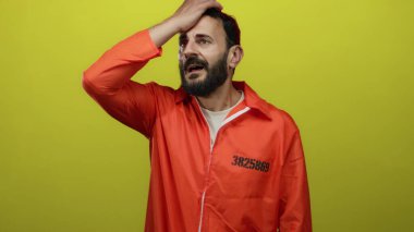 Turuncu hapishane tulumlu İspanyol sakallı adam, parlak sarı arka plana karşı jestler yapıyor. Duygularını ve hapsedilme temalarını ifade ediyor..