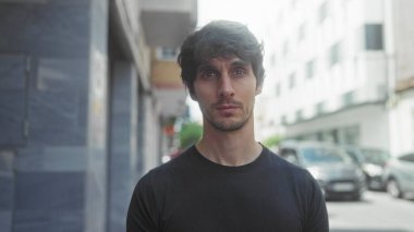 Şehir binası cephesinin yanında sabit bakışlı ve görünür yüzüyle bakan adam, iç gözlem dinginliği.