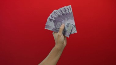Endonezya rupia banknotları canlı kırmızı bir duvara karşı el ele tutuşuyor, bir adamın para yönetimi üzerine odaklanarak finansal bir tema sergiliyor..