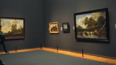 Bulanık müze sahnesinde, sergilenen bokeh etkisi ve kapalı alanda hafif ışık, düşünce ve kültürel bağın vurgulandığı galeride odaksız bir adamın sanat gözlemlemesi..