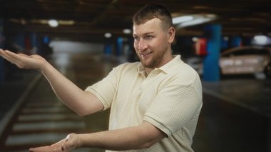 Adam otoparkta gülümserken, polo tişört giyerken ve iki eliyle işaret ederken avuçlarını açıyor..