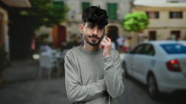 Genç bir adam, düşünceli bir ifadeyle, gri bir kazak giymiş, canlı, hareketli bir şehir manzarasının arka planına karşı akıllı bir telefonla konuşuyor..