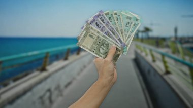 Arka planda mavi okyanus olan deniz kenarındaki gezinti için elinde Hint rupisi banknotları tutan adam, açık hava ortamında finansal temaları resmediyor..