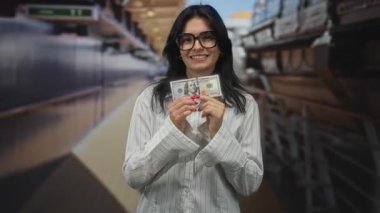 Binada 100 dolarlık banknot tutarken gözlük takan ve gülümseyen kadın, iyimserlik ve refah..