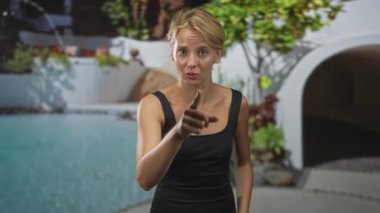 Konuşan ve açık el hareketi gösteren bir kadın havuz başındaki bir binada siyah bir askılı bluzla, avuç içi ileri; iddia talimatı.