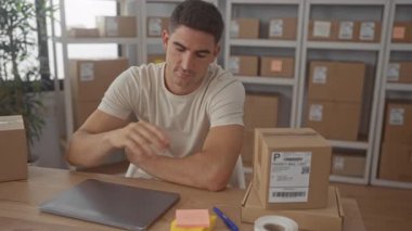 Ofis binasında paketlerin sıralanması ve dizüstü bilgisayarların dinlenmesi; girişimcilik verimliliğine odaklanma.