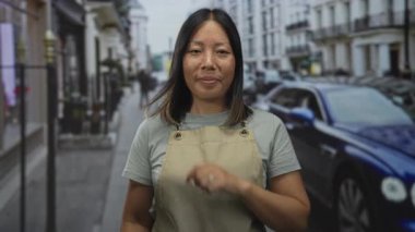 Bej önlük takan kadın, işlek bir şehir caddesinde park halindeki bir arabaya işaret ediyor. Önü ve sokak lambaları görünür durumda..