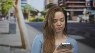 Genç kadın park halindeki arabaların yanındaki kaldırımda dururken akıllı telefon ekranını tıklatıyor; sessiz konsantrasyon.