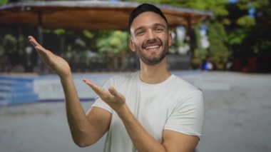 Beyaz tişörtlü, gülümseyen ve ellerini açık havada yeşil bir parkta uzatan genç İspanyol adam pozitiflik ve dostluk sergiliyor..