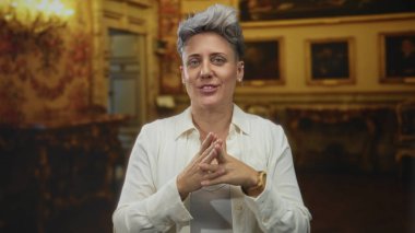 Kısa gri saçlı beyaz kadın, iki elini kaldırıp süslü müze galerisinde avuçlarını gösteriyor..