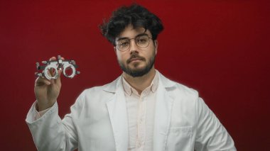 Gözlüklü ve sakallı genç adam kırmızı arka plana karşı laboratuvar önlüğü giyiyor, profesyonel ve bilimsel ayarlar sergiliyor..