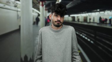 Düşünceli bir ifadeyle, kapalı bir tren istasyonunda duran, gri bir kazak giyen, şehir ortamında bulanık gezginlerle çevrili genç İspanyol bir adam..