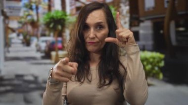 Genç İspanyol kadın, işlek bir caddede ezik tabelasını sol elle şekillendiriyor ve işaret parmağı ile kameraya işaret ediyor; alaycı hakaret alay ediyor.