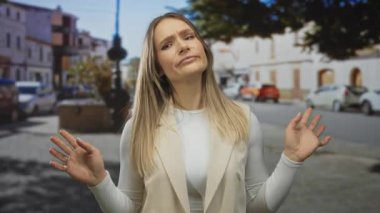 Sakin bir sokak sahnesinde elleri ve gözleri kapalı bir kadın, güneşli bir günde sakinliğini ifade ediyor..