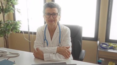 Gri saçlı ve gözlüklü kıdemli bayan doktor klinik ofis ortamında güven içinde gülümsüyor, kolları çapraz, profesyonelliği ve tıbbi çalışmalarına bağlılığı simgeliyor..