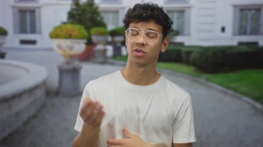 Gözlüklü genç İspanyol adam avucunu kaldırıyor ve şüpheli bir şekilde sokaktaki kameraya bakıyor..