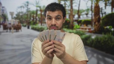 Genç İspanyol adam Suudi riyal banknotlarını elinde tutuyor. Elinde palmiye ağaçları ve yeşil yapraklar var. Refah..