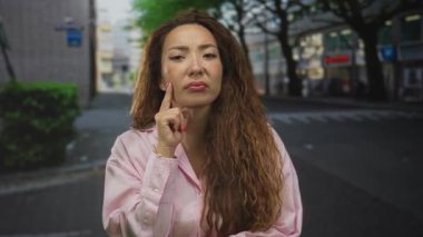 Kadın işaret parmağıyla işaret ediyor ve ağaçların ve mağazaların yakınındaki sokakta yanaklara dokunuyor, ileri uyarı hareketi; şüphecilik.