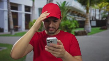 Elinde akıllı telefon ve ekranı tutan adam modern bina cephesinin yanında palmiye ağaçlarıyla dolu. Sürpriz..