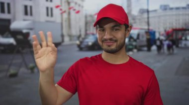 Şehir merkezindeki işlek şehir caddesinde gündüz vakti adam el sallıyor; dostane selamlaşma.