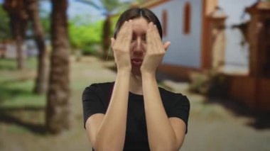 Genç İspanyol kadın iki elini kaldırdı ve güneşli yeşil bir parkta inşa edilerek gözlerini kapadı..