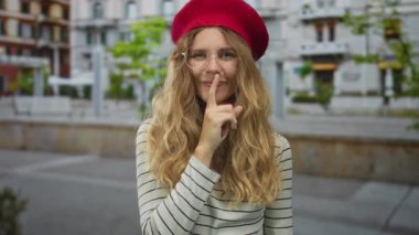 Şehirdeki bir sahnede şşşş yaparken kadın parmağını kaldırıyor. Bereli genç sarışın ve kırmızı aksanlı bir gülümseme sunan gözlüklü bir kadın..