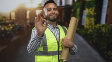 Elinde neon yelek tutan adam planları yuvarladı ve bina ve santrallerin yakınındaki caddede 