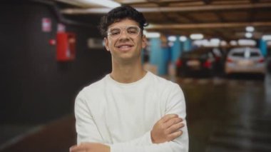 Kapalı otoparkta arabasının yanında kollarını kavuşturmuş gözlüklü ve kazaklı genç bir adam. Kendine güveniyor..