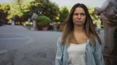 Surat asan, gözlerini kısarak bakan, beyaz tankla görünen çıplak göğüsler ve sokakta ağaçlarla ve taş heykellerle kaplı kot gömlekli bir kadın; tiksinti şehir hüsranı.