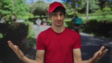 Kırmızı gömlekli ve kepli adam, şaşkın bir ifadeyle yeşil ağaçların arasında caddede geniş kollarını tutuyor;.