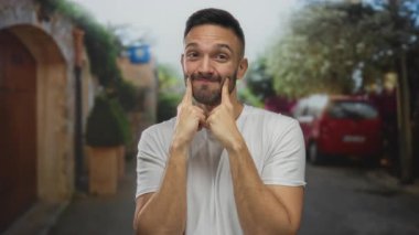 Beyaz tişörtlü genç adam şehir caddesinde gülümsüyor. Arkasında taş binalar ve kırmızı bir araba var..