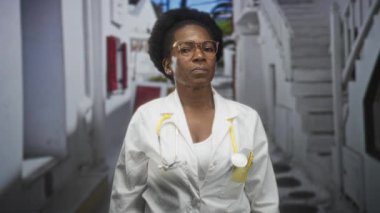 Sarı steteskoplu kadın doktor kameraya bakıyor, elleri yanda, dar beyaz sokakta beyaz önlük giyiyor; sessiz kararlılık.