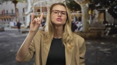 Sokakta gülümseyen bir kadın boynuzlarını sallıyor sarı saç gözlüğü takıyor açık havada şık kıyafetler giyiyor canlı bir ifade..