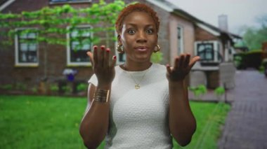 Kadın bina girişinde elleri açık, ağzı açık, gözleri açık, gün ışığı altında dışarı çıkıyor. Sürpriz!.