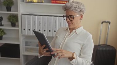 Kısa saçlı ve gözlüklü kadın ofiste raflar ve bavulla birlikte tableti göğsünden göğsüne tutuyor..