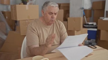 Kağıtları okuyan, kupa ve akıllı telefonla masalarda gözü ovuşturan bir adam, taşınan kutular, binalar arasında; endişe faturaları.