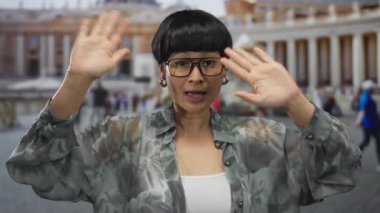 Aziz Peter Meydanı, Vatikan 'da turistler ve tarihi mimariyle çevrili bir kadın..