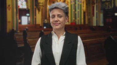 Beyaz gömlekli ve siyah yelekli kadın kilise binasının içinde süslü cam pencereleri ve ahşap sıraları olan bir parmak işaret ediyor..