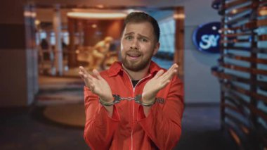 Otel binasında elleri kelepçeli ve avuç içi turuncu tulumlu genç bir mahkum var..