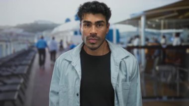 İnşa güvertesinde elleri kapalı bağıran genç adam dar kot ceketli; heyecan.