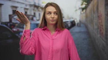 Yoğun bir şehir caddesinde canlı pembe bir tişört giyen bir kadın el hareketleriyle hayal kırıklığı ve kayıtsızlık gösteriyor..