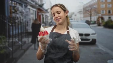 Önlük ve plastik eldiven giyen bir kadın, park halindeki araba ve konakların yanındaki bir caddede çilekli tatlı bardağını tutuyor..